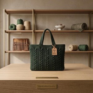 Puede incluir: Un bolso de punto verde oscuro con un patrón de trenzas verticales y dos asas resistentes. Una etiqueta rectangular de cuero color canela con un icono de árbol y el texto "Matte Mockup" está sujeta a una de las asas con un cordón de cuero.