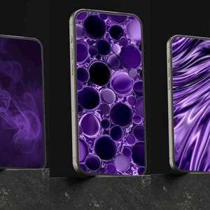 Violet Phone Wallpaper Bundle – Smoke, Metallic Bubbles & Liquid Metal, Purple Aesthetic, Glossy Abstract Background Set