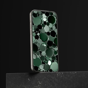 Abstract Metallic Bubbles Phone Wallpaper – Glossy Moss Green, Cozy Aesthetic, Earthy Dark Green, Liquid Metal, Modern Minimal Background