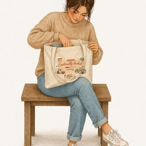Può includere: Illustrazione di una donna seduta su una panca di legno, con un maglione beige e jeans blu, che tiene una borsa di tela. La borsa ha il testo "Emotionally booked and busy" con illustrazioni di un libro, tazza di caffè e auto.