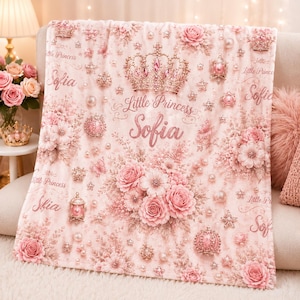 Personalized Princess Blanket with Name, Custom Crown Baby Girl Blanket, Little Princess Birthday Gift, Pink Kids Throw for Baby Shower