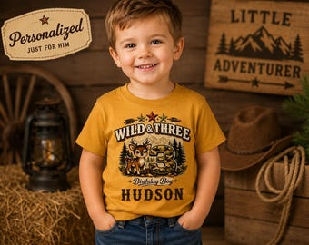 Wild and Three Birthday Shirt Boy Personalized | Deer Camo 3rd Birthday Outfit Toddler | Custom Name Outdoor Adventure Birthday Gift