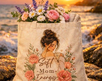 Personalized Soft Mom Energy Tote Bag Custom Name Mama Bag Aesthetic Floral Canvas Tote Gift for Mom Cozy Girl Era Bag