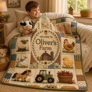 Peut inclure: Une couverture matelassée présentant un panneau ovale central avec le texte 'WELCOME TO Oliver's Farm' au-dessus d'une illustration de grange rouge. La courtepointe affiche divers appliqués sur le thème de la ferme, notamment un mouton, un canard, un cheval, un cochon, une poule, un poussin, un tracteur et un panier de pommes, entourés d'une bordure en patchwork.