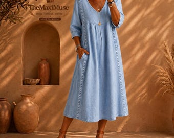 Baumwoll-Leinen-Boho-Kleid, Damen Loose Fit Midi-Kleid, Alltags-Sommerkleidung