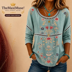Women's Boho Aztec Print Blouse, Casual Round Neck Top, Long Sleeve Retro Tunic