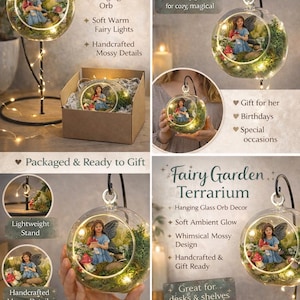 Fairy Garden Terrarium with Lights, Hanging Glass Orb Decor, Magical Fairy Garden Kit, Whimsical Home Decor, Gift for Her, Pixie Decor