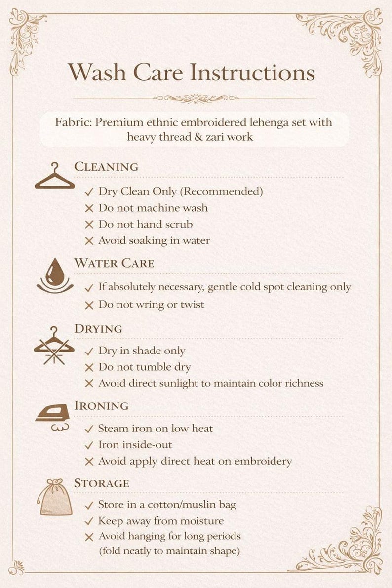 Op de afbeelding: Beige kaart met wasvoorschriften voor een etnische geborduurde lehenga set. De instructies omvatten reiniging, waterverzorging, drogen, strijken en opslag, met iconen en tekst.