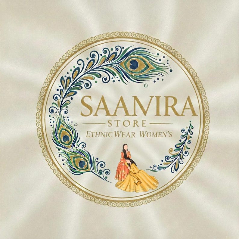 May include: A circular logo featuring the text "SAANVIRA STORE ETHNIC WEAR WOMEN'S" in gold, framed by a gold border. The design includes peacock feather motifs in blue and green. Two figures in ethnic wear are at the bottom.