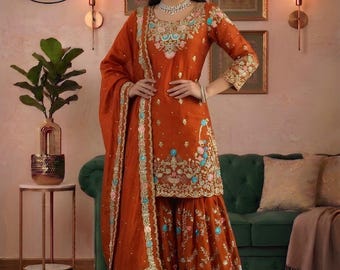 Designer oranje Sharara-pak Salwar Kameez met Dupatta 3-delige set kant-en-klaar, Punjabi-pak, Pakistaans pak, Punjabi-trouwjurk Sharara