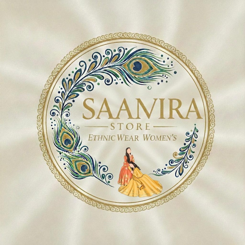 Op de afbeelding: Een cirkelvormig logo voor Saanvira Store, met pauwenveermotieven in blauw, groen en goud. De tekst "SAANVIRA STORE - ETHNIC WEAR WOMEN'S" wordt weergegeven in gouden letters, met twee figuren in etnische kleding.