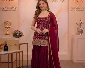 Rood sharara-pak, Indiase Pakistaanse ontwerper, zware Georgette-pailletten geborduurd, trouwfeestkleding
