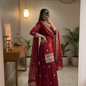 Indian Designer Red Sharara Suit Salwar Kameez with Dupatta 3pc Set Readymade , Punjabi Wedding Dress ,Sharara for Women,Pakistani Suit,Red image 2