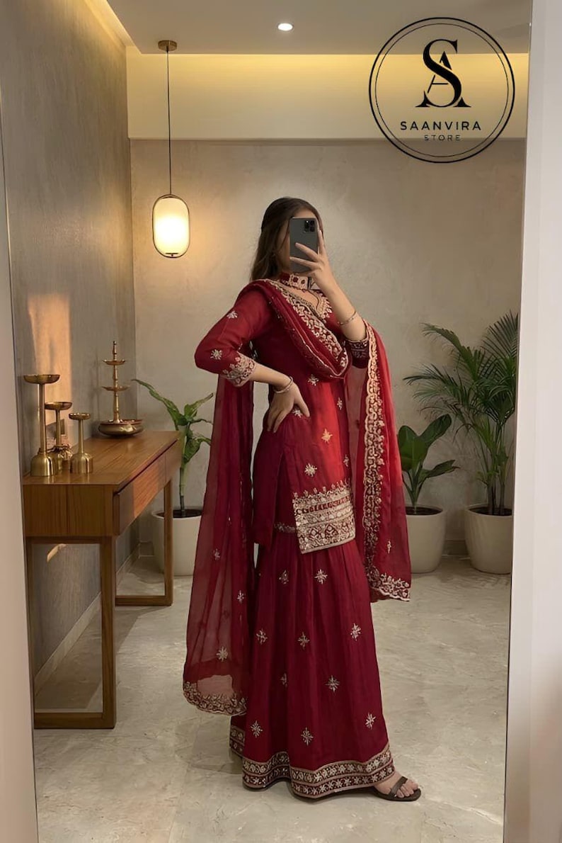 Indian Designer Red Sharara Suit Salwar Kameez with Dupatta 3pc Set Readymade , Punjabi Wedding Dress ,Sharara for Women,Pakistani Suit,Red image 2