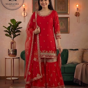 Conjunto de salwar kameez rojo de diseñador premium bordado con lentejuelas y dupatta, trajes punjabíes, conjunto de kurti pakistaní, ropa étnica india para fiestas.