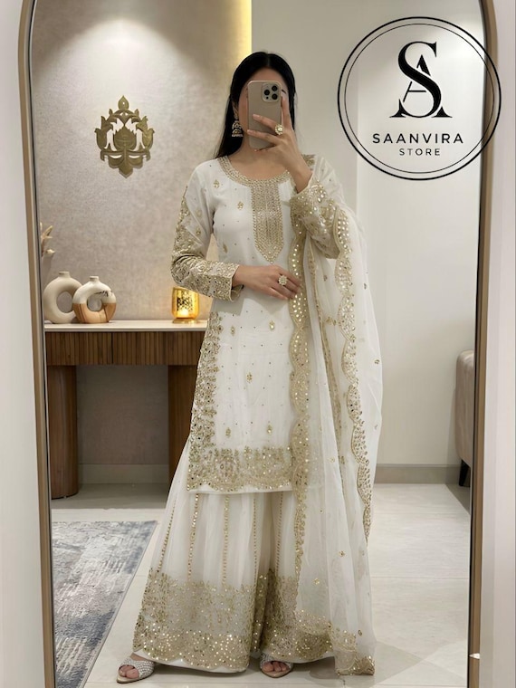 Indian Designer White Sharara Suit Salwar Kameez with Dupatta 3pc Set Readymade ,White Sharara, Punjabi Wedding Dress Sharara for Women