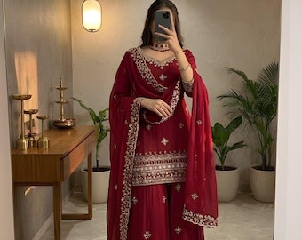 Indiase designer rood sharara-pak Salwar Kameez met Dupatta 3-delige set kant-en-klare, Punjabi-trouwjurk, Sharara voor vrouwen, Pakistaans pak, rood