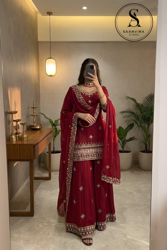 Indian Designer Red Sharara Suit Salwar Kameez with Dupatta 3pc Set Readymade , Punjabi Wedding Dress ,Sharara for Women,Pakistani Suit,Red