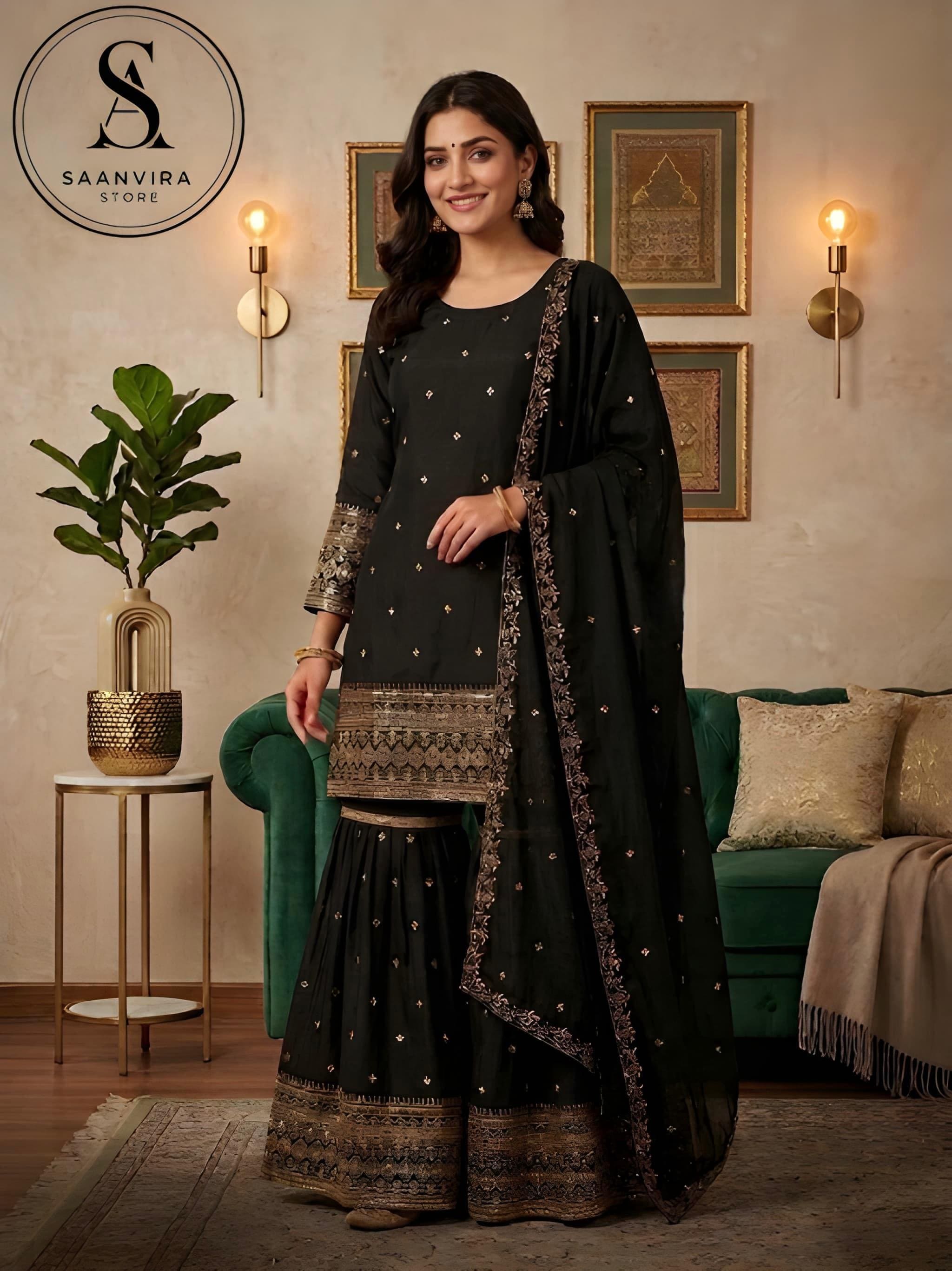 green emerald velvet dress RANGREZA Silk Formal - Pakistani Black Elegant Ensemble main image 1