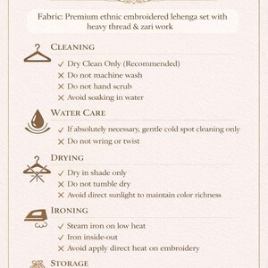 May include: Wash care instructions for an ethnic embroidered lehenga set. The beige graphic details cleaning, water care, drying, ironing, and storage. Includes recommendations for dry cleaning, shade drying, and storing in a cotton bag.