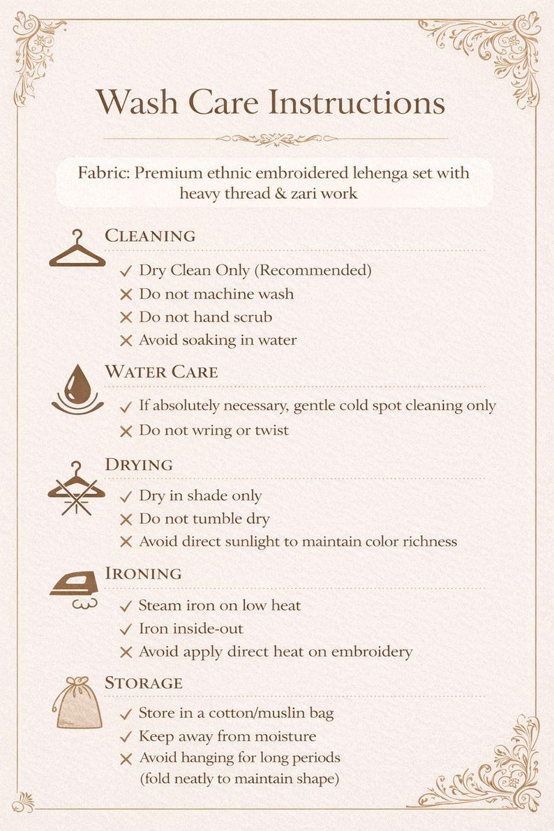May include: Wash care instructions for an ethnic embroidered lehenga set. The beige graphic details cleaning, water care, drying, ironing, and storage. Includes recommendations for dry cleaning, shade drying, and storing in a cotton bag.