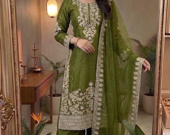 Designer Green Pakistani Party Wear White Salwar Kameez With Dupatta For Women,Top-Palazzo, Green Salwar Kameez,Long Kurti Suit ,Pakistani