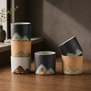 Könnte beinhalten: Sechs Keramikbecher mit Bergdesign. Die Becher sind zylindrisch und haben eine strukturierte Oberfläche in Schwarz, Beige und Weiß. Jeder Becher hat eine Bergkette in Braun-, Grün- und Blautönen bemalt.