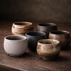 Może przedstawiać: Sześć ręcznie robionych ceramicznych misek w różnych odcieniach ziemi, w tym brązowym, szarym i czarnym. Miski mają rustykalny, teksturowany wygląd i są ułożone na ciemnej drewnianej powierzchni. Idealne do serwowania małych porcji jedzenia lub jako elementy dekoracyjne.