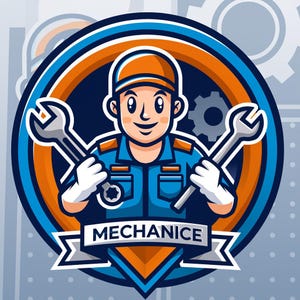 Puede incluir: Ilustración de un mecánico de dibujos animados. El mecánico lleva un uniforme azul y un sombrero naranja, sosteniendo dos llaves. La imagen tiene un diseño circular azul y naranja con la palabra "MECHANICE" en una pancarta.