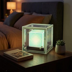 May include: A pixelated cube lamp with a glowing, light-green inner cube, encased in a clear, square frame. The lamp sits on a wooden nightstand next to a small potted succulent and a book. The lamp is a decorative lighting fixture.