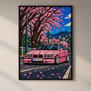 BMW E36 Wall Art, Pink Car Pixel Art Poster, JDM Car Decor, Retro Garage Artwork, Printable Digital Download