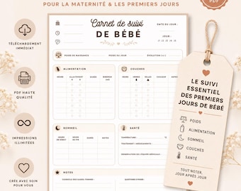 Carnet de suivi bébé PDF imprimable | Feuille A4 maternité | Allaitement, biberons, couches, sommeil | Feuille de suivi quotidienne