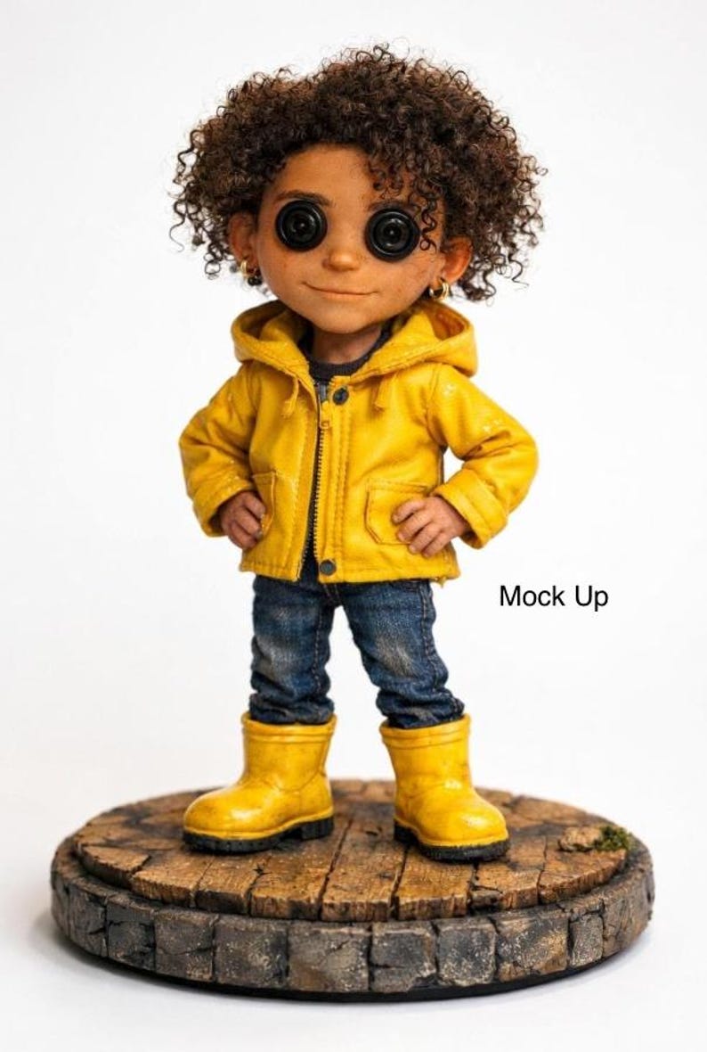 Figura de muñeca personalizada inspirada en Coraline, impresa en 3D con ojos de botón y pintada a mano. imagen 3