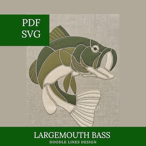 May include: An embroidery design of a largemouth bass fish featuring segmented panels in shades of olive green, dark green, and cream with visible stitching. The image includes the text PDF, SVG, LARGEMOUTH BASS, and DOODLE LINES DESIGN.