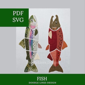 Wzór do szycia z motywem dzikiej ryby w formacie PDF i SVG, szablon aplikacji z pstrągiem tęczowym i łososiem