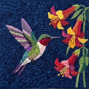 May include: A fabric wall hanging featuring a quilted hummingbird with purple, green, and red patterned wings and body, hovering near three trumpet-shaped flowers in shades of red, yellow, and pink against a dark blue textured background.