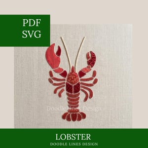 May include: A digital embroidery design featuring a red lobster composed of various patterned fabric segments with visible stitching. The image includes the text PDF, SVG, LOBSTER, and DOODLE LINES DESIGN on a light beige background.
