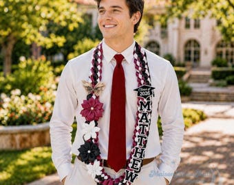 Personalized Graduation Lei 2026, Custom Name Ribbon Lei with Flowers, Double Braided Ribbon Lei Necklace, Class of 2026 Satin Lei Flower