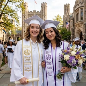 May include: Two graduates in white gowns and mortarboards smile, holding a diploma and a bouquet. The gowns have gold and purple accents, with text indicating "Class of 2026" and "Bachelor of Science" and "Bachelor of Arts". The background features a university building.