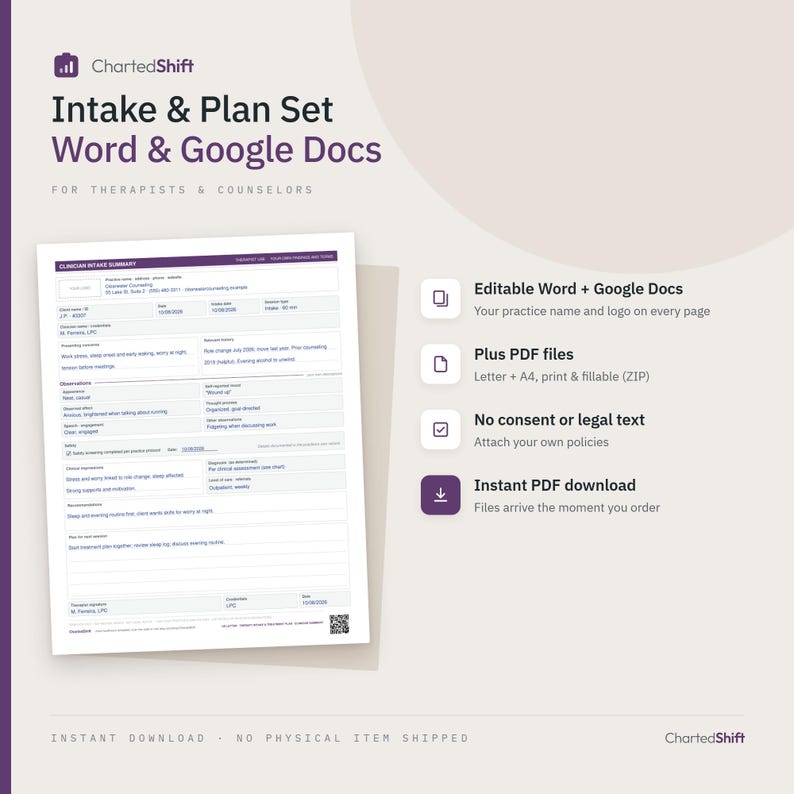 Therapy Intake Form: Clinician Summary & Treatment Plan Template (word ...