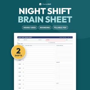 May include: A digital Night Shift Brain Sheet template featuring an hourly grid, rounding section, and fillable PDF format. The document includes fields for patient information, allergies, a cluster care plan, and medication tracking for two shifts.