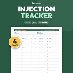 Puede incluir: Un documento de seguimiento de inyecciones digital con fondo verde que presenta el texto INJECTION TRACKER, PLAN, LOG y CALENDAR. El formulario incluye campos para nombre, fecha, hora, medicamento, cantidad, sitio y notas, con una insignia amarilla de 4 PAGES.