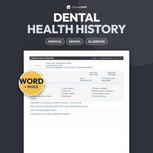 Könnte beinhalten: Ein weißes Formular zur zahnmedizinischen Gesundheitsgeschichte mit schwarzem Text und einem gelben runden Abzeichen mit der Aufschrift WORD + DOCS. Es enthält Felder für Patientendaten, medizinische Checkboxen und persönliche Notizen.