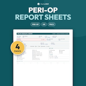 May include: A white Peri-Op Report Sheet document featuring a Pre-Op Checklist and Report section with fields for patient information, allergies, risk flags, and IV access. A yellow circular badge indicates 4 pages are included in the set.