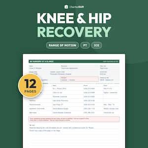 Może przedstawiać: 12-stronicowy planer rekonwalescencji medycznej zatytułowany Knee & Hip Recovery z logo ChartedShift. Dokument zawiera formularz My Surgery at a Glance z polami na dane pacjenta, opis zabiegu, szpital oraz numery kontaktowe do lekarzy.