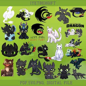 May include: A collection of digital art featuring various dragons from "How to Train Your Dragon." The images include different dragon designs, logos, and characters in various poses and styles. The text "IYETBEHGIFT" and "PDF, SVG, PNG, DIGITAL FILE" are also visible.