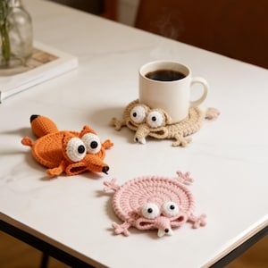 Lustig Tier Untersetzer Häkelmuster, Häkeln Tier Untersetzer Muster, Häkeln von Getränkehaltern, Mug Rug, Untersetzer