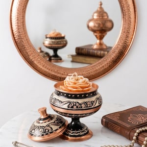 Hand-Carved Turkish Copper Rose Scented Candle, Ottoman Style Home Decor