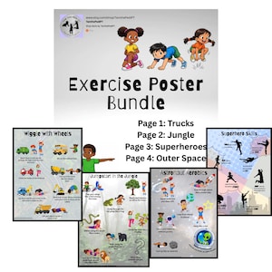 Cover photo for an exercise poster bundle featuring colorful illustrations of children performing various exercises. The bundle includes themes like trucks, jungle, superheroes, and outer space. The posters are designed to encourage physical activity.