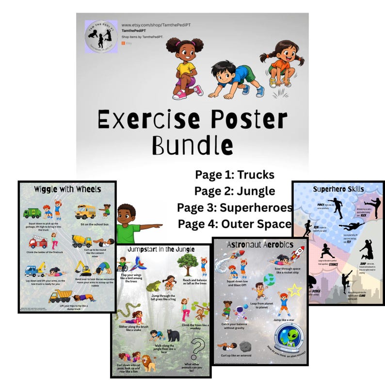 Cover photo for an exercise poster bundle featuring colorful illustrations of children performing various exercises. The bundle includes themes like trucks, jungle, superheroes, and outer space. The posters are designed to encourage physical activity.